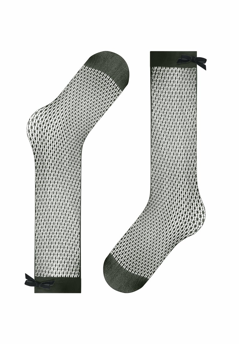 Calze nere in rete con design a rete, con punta solida e un fiocco decorativo nella parte superiore dello stile al ginocchio.