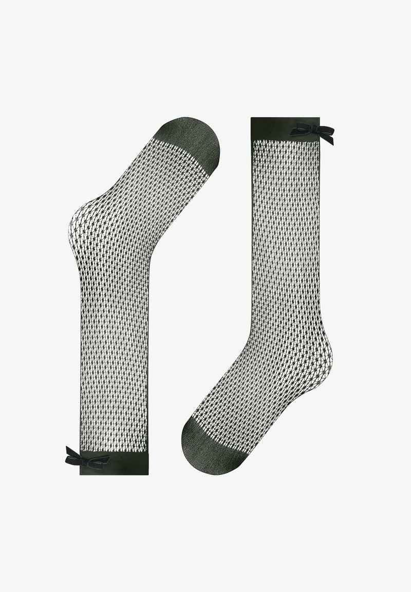 Calze nere in rete con design a rete, con punta solida e un fiocco decorativo nella parte superiore dello stile al ginocchio.