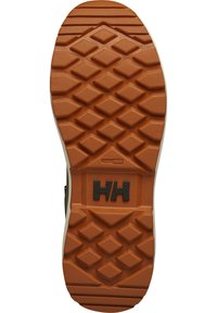 Suela de goma de color naranja vibrante, con un patrón de banda de rodadura de diamante para mayor tracción. Incluye la marca "Helly Grip" y acentos texturizados.