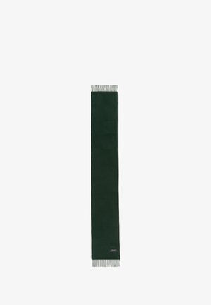 Écharpe vert foncé en tissu doux, de forme rectangulaire avec des bords effilés, et une petite étiquette logo attachée près du bas.