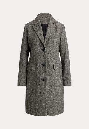 Šedý herringbone kabát s klopeným límcem, předními kapsami a čtyřmi černými knoflíky, s hladkým vnitřním podšívkou.