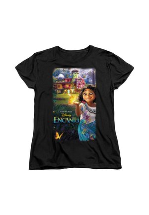 Black T-shirt featuring a colorful graphic from Disney's "Encanto," showing a girl with dark curly hair, butterflies, and a tropical setting.