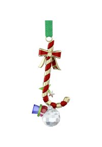 Adorno en forma de bastón de caramelo rojo y dorado con un lazo, acompañado de acentos decorativos verdes, azules y transparentes.