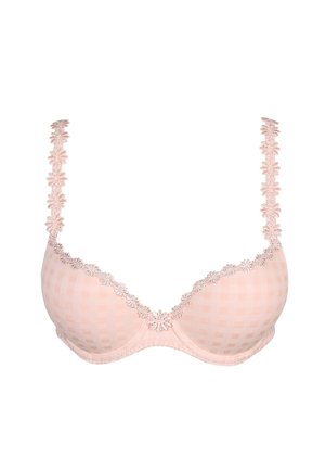 Lichtroze gevoerde beha met geruit patroon, bloemenkant langs cups en bandjes, bloemdetail aan de voorkant in het midden.
