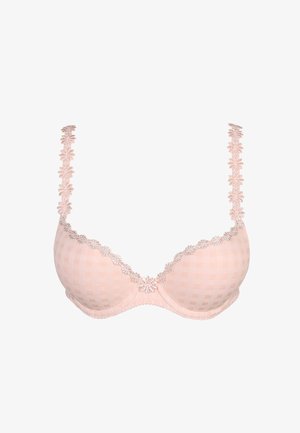 Lichtroze gevoerde beha met geruit patroon, bloemenkant langs cups en bandjes, bloemdetail aan de voorkant in het midden.