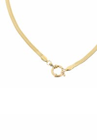 Collana a catena dorata con design liscio e piatto, caratterizzata da un chiusura rotonda e da anelli intrecciati per un aspetto elegante.