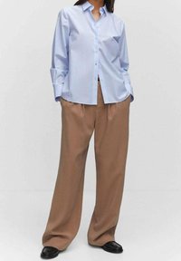 Camisa de botones a rayas azul claro con cuello, combinada con pantalones marrones holgados y zapatos negros, que muestra un ajuste relajado y textura suave.