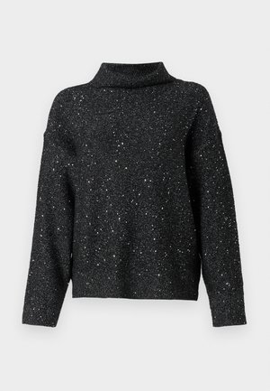 Schwarzer Pullover mit hohem Kragen, mit einem strukturierten Design und metallischem Faden, durchzogen von kleinen silbernen Akzenten.