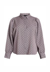Langærmet blomst bluse i mauve med sorte prikker, knap-down front, spids krave og let puffede skuldre.