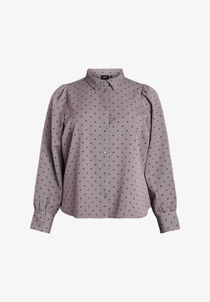 Langarm mauve blouse met zwarte stippen, knoopsluiting aan de voorkant, pointed kraag en licht gepofte schouders.