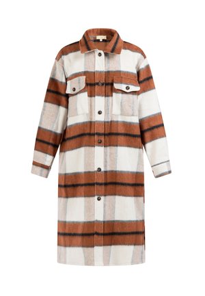 Hemdblusenkleid aus weichem Stoff, mit einem beige-, braun- und schwarz-karierten Muster, zwei Brusttaschen und langen Ärmeln.