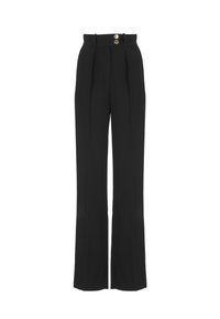 Pantaloni neri a vita alta con pieghe frontali, chiusura con due bottoni dorati, design a gamba dritta e tessuto liscio.