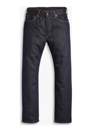 Jean droit en denim bleu foncé avec coutures orange, fermeture avant par bouton et zip, design à cinq poches.