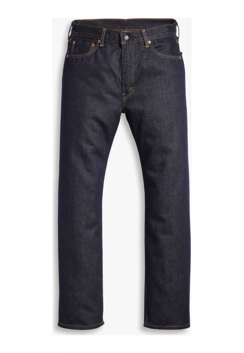 Jean droit en denim bleu foncé avec coutures orange, fermeture avant par bouton et zip, design à cinq poches.