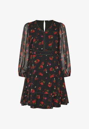 Musta mekko, jossa on värikäs kukkakuosi, läpinäkyvät pitkät hihat, pyöreä kaula-aukko avaimenreiällä, niittikoristeet vyötäröllä ja röyhelöhelma.