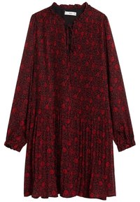 Pitkähihaisen mekko mustasta kankaasta, jossa on punaisia kukkakuviota. Siinä on rypytetty pääntie ja joustavat hihansuut. Väljä A-linjainen malli.