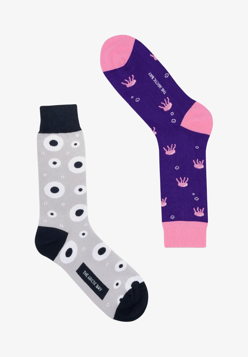 Two pairs of cotton socks: one gray with black circles, the other purple with pink jellyfish patterns. Includes contrasting cuff colors.