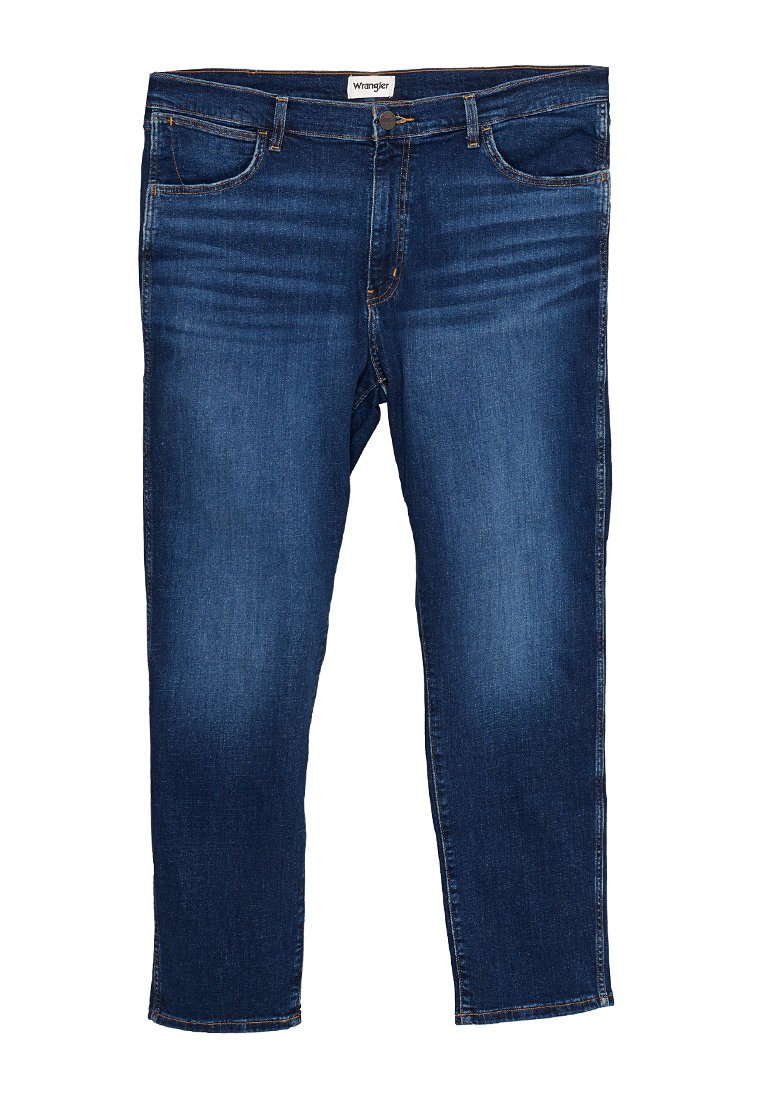 Granatowe dżinsy z prostą nogawką, pięcioma kieszeniami oraz obszywaniem wzdłuż talii i kieszeni. Lekka tekstura.