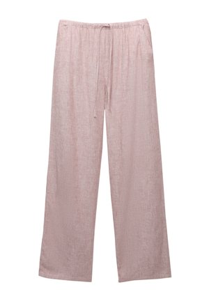 Pantaloni largi de culoare roz deschis, realizați dintr-un material moale, având un talie cu șnur și dungi verticale subtile pentru un plus de textură.