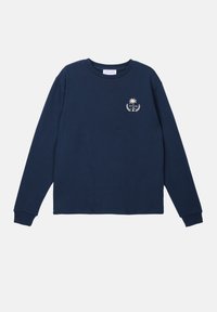 Sweatshirt long à manches en bleu marine en coton. Présente un petit palmier et un logo en texte blanc sur la poitrine gauche. Poignets et ourlet côtelés.