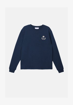 Námořnická modrá mikina s dlouhým rukávem vyrobená z bavlny. Na levé hrudi má malý palmový strom a bílý textový logo. Žebrované manžety a lem.