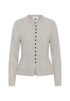 Light grey knitted cardigan with a round neckline, featuring a placket of black buttons along the front and ribbed hem and cuffs.