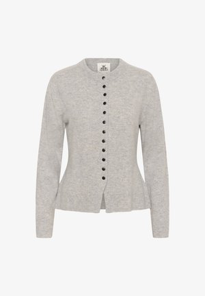 Light grey knitted cardigan with a round neckline, featuring a placket of black buttons along the front and ribbed hem and cuffs.