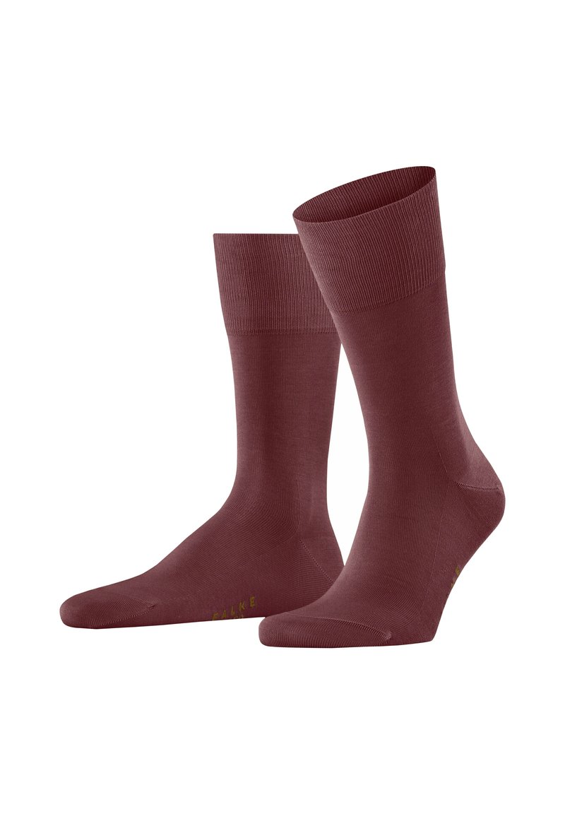Bordeauxfarbene Crew-Socken aus glattem, dehnbarem Material mit gerippten Bündchen und flacher Strickoptik. Mit kleinen goldenen Markenlettern an der Zehe.