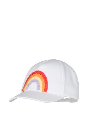 Weißes Baseballcap mit roter, orangefarbener, gelber und violetter strukturierter Regenbogenstickerei auf der Vorderseite und elastischem Riemen auf der Rückseite.