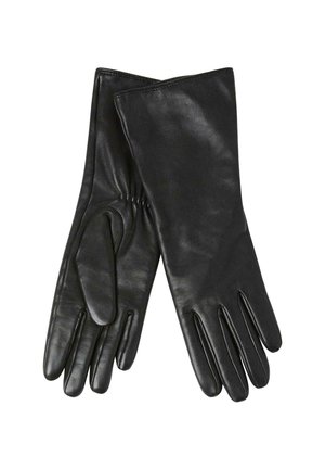 Sorte læderhandsker med en glat tekstur, der har et tætsiddende design og rynkedetaljer ved håndleddet. Klassisk lang længde, fem-finger stil.