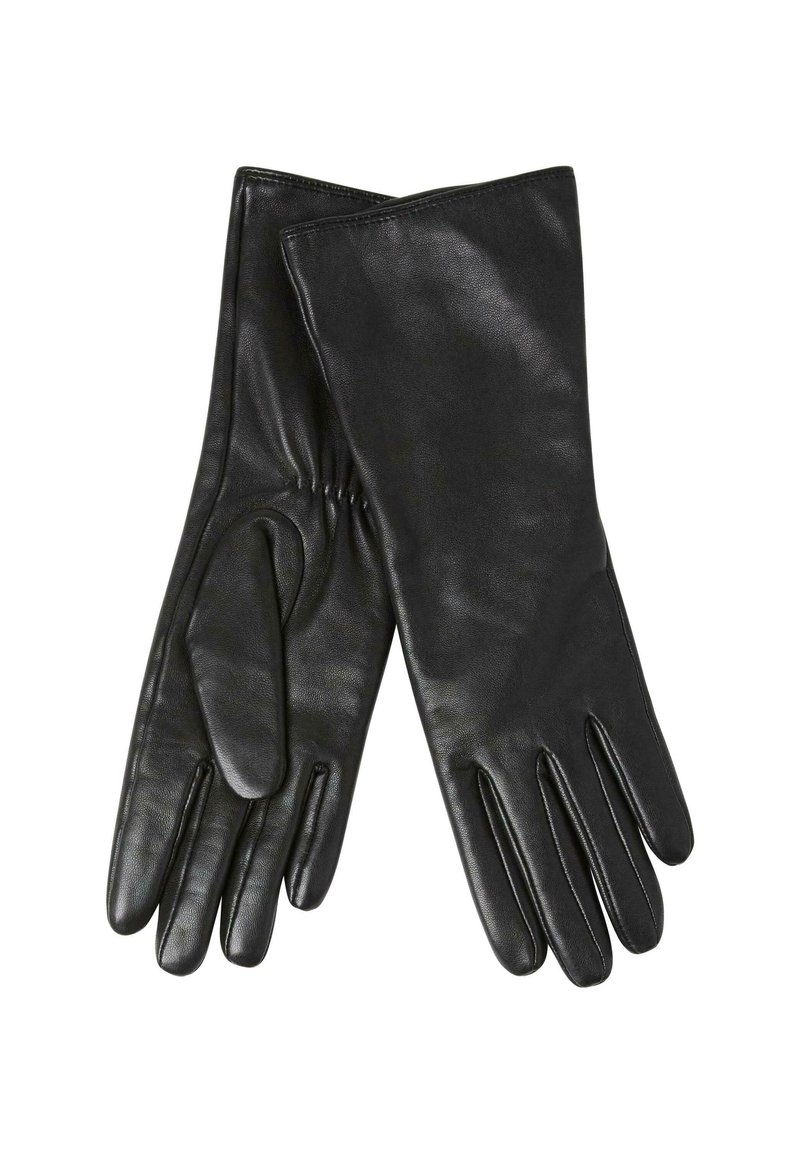 Sorte læderhandsker med en glat tekstur, der har et tætsiddende design og rynkedetaljer ved håndleddet. Klassisk lang længde, fem-finger stil.