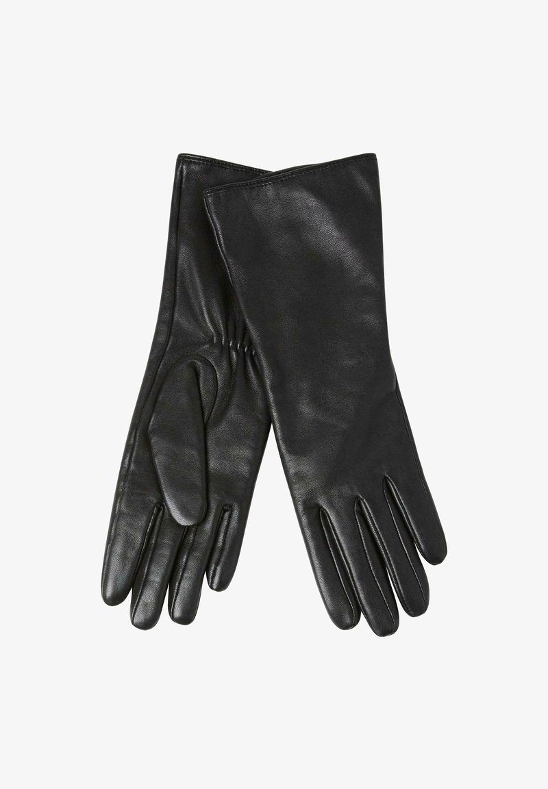 Schwarze Lederhandschuhe mit einer glatten Textur, die eine enganliegende Passform und geraffte Details am Handgelenk aufweisen. Klassische lange Form, Fünf-Finger-Stil.