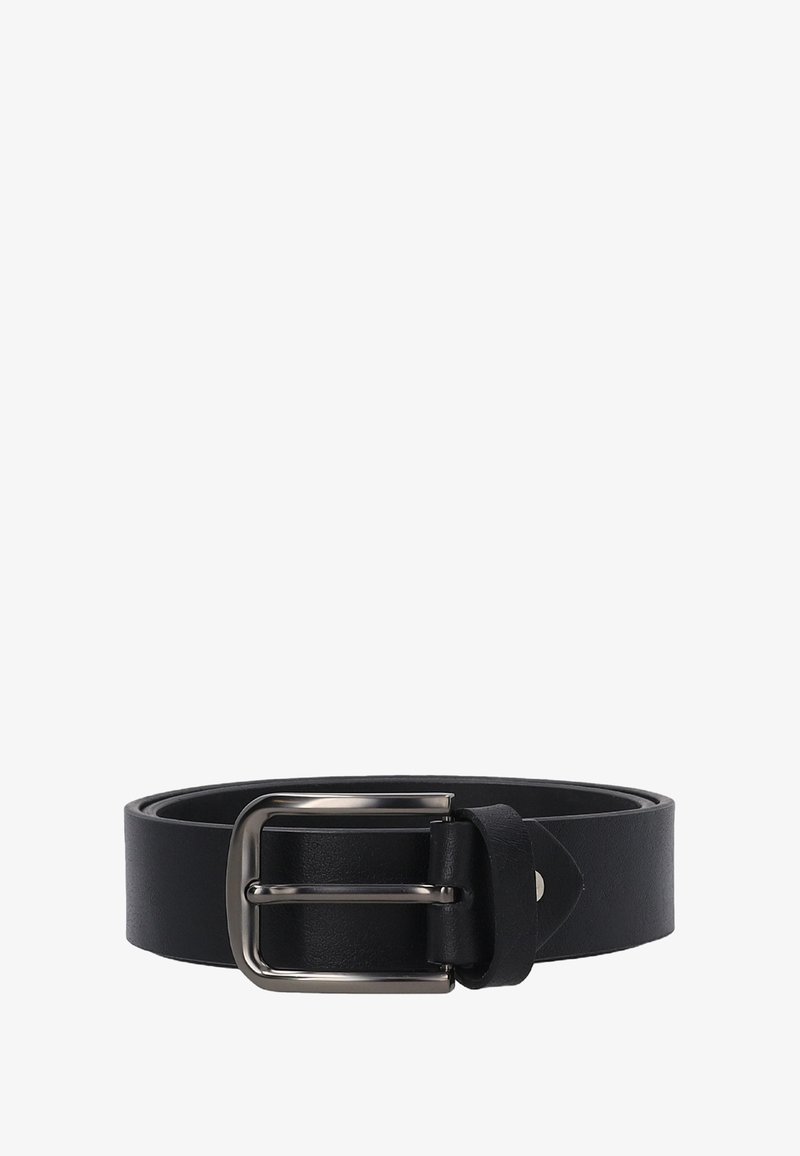 Black leather belt with a smooth texture, featuring a rectangular silver buckle and a single prong for fastening. Simple design and classic style.