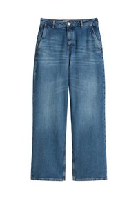 Lichtblauwe denim wijde jeans met een rechte pasvorm, voorzien van vijf zakken, een knoopsluiting en subtiele vervaging over de stof.