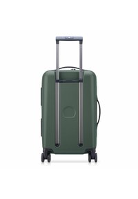 Valise rigide verte avec poignée télescopique extensible, quatre roues pivotantes et poignée de transport latérale.