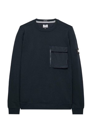 Sötétkék pulóver puha anyagból, cipzáras mellzsebbel, bordás mandzsettákkal és kerek nyakú kialakítással.