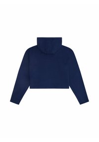 Sudadera corta de color azul marino, hecha de tela suave, con capucha, mangas largas y un diseño sencillo y sin costuras, sin adornos adicionales.