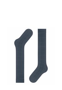 Dunkelblaue Socken mit einem Rautenmuster in hellblauen und gelben Linien. Glatte Textur, mit der typischen Form und Länge von Socken.