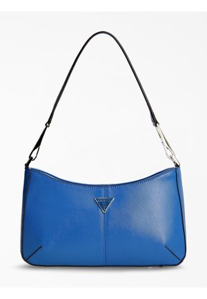 Blauwe handtas van getextureerd leer met een smalle zwarte schouderriem en een klein metalen driehoekig logo op de voorkant.