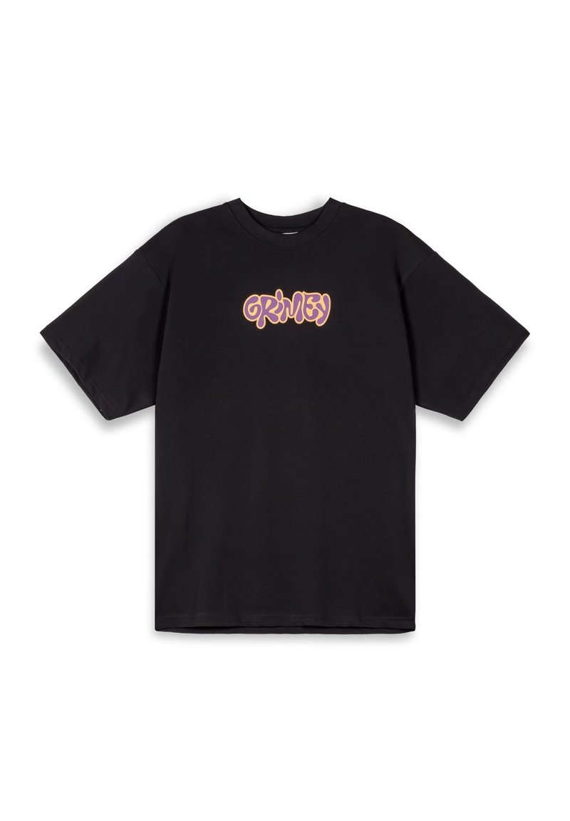 Camiseta de algodón negra de manga corta con un vibrante logo gráfico estilizado en naranja y rosa de "Grimey" centrado en el pecho.