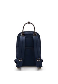 Navy blue backpack with a smooth texture, two adjustable shoulder straps, and a top handle. Features gold-tone hardware and a zippered compartment.