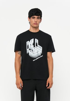Svart bomull t-skjorte med hvit grafisk design som har teksten "KL" og "Karl Lagerfeld Jeans", kortermet og avslappet passform.