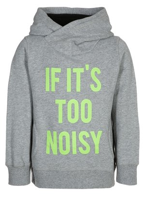 Szary sweatshirt z kapturem, z wyraźnym zielonym napisem "JEŚLI JEST ZA GŁOŚNO." Wykonany z miękkiego, teksturowanego materiału z ribby na mankietach.