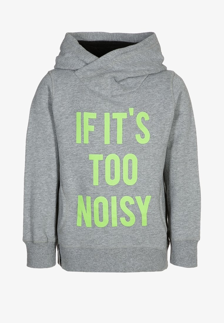 Sweatshirt gris avec capuche, arborant un texte vert vif "SI C'EST TROP BRUYANT." Fabriqué en tissu doux et texturé avec des poignets côtelés.