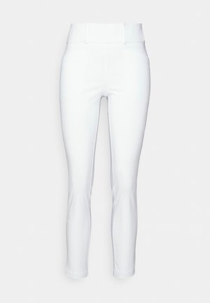 White fitted trousers with a smooth texture, mid-rise waistband, and tapered legs. Features no visible hardware or patterns.