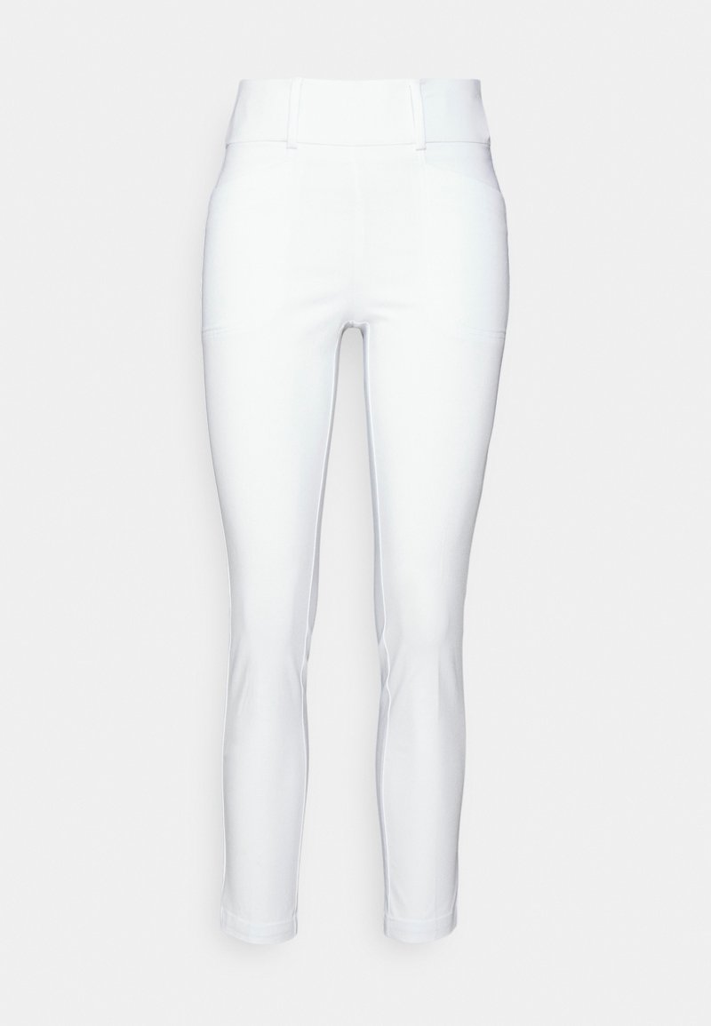 White fitted trousers with a smooth texture, mid-rise waistband, and tapered legs. Features no visible hardware or patterns.