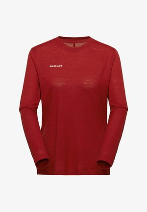 Maglietta rossa a maniche lunghe con collo a giro, con il logo "MAMMUT" stampato in bianco sul petto superiore sinistro, mostrata su sfondo bianco semplice.