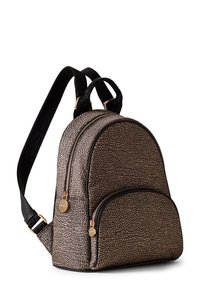 Mini-Rucksack aus strukturiertem schwarzem und beigem Material, ausgestattet mit doppeltem Reißverschluss, einem goldfarbenen Akzent und einem Oberhandgriff mit verstellbaren Trägern.