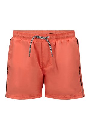 Koralen zwemshorts van gladde stof, met een elastische tailleband en een trekkoord, en zwarte zijdetailleringen.