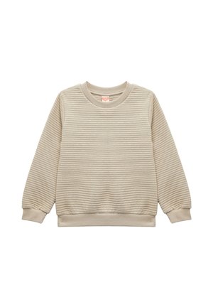 Beige sweatshirt with textured, ribbed pattern. Features a crew neckline and long sleeves with ribbed cuffs and hem.